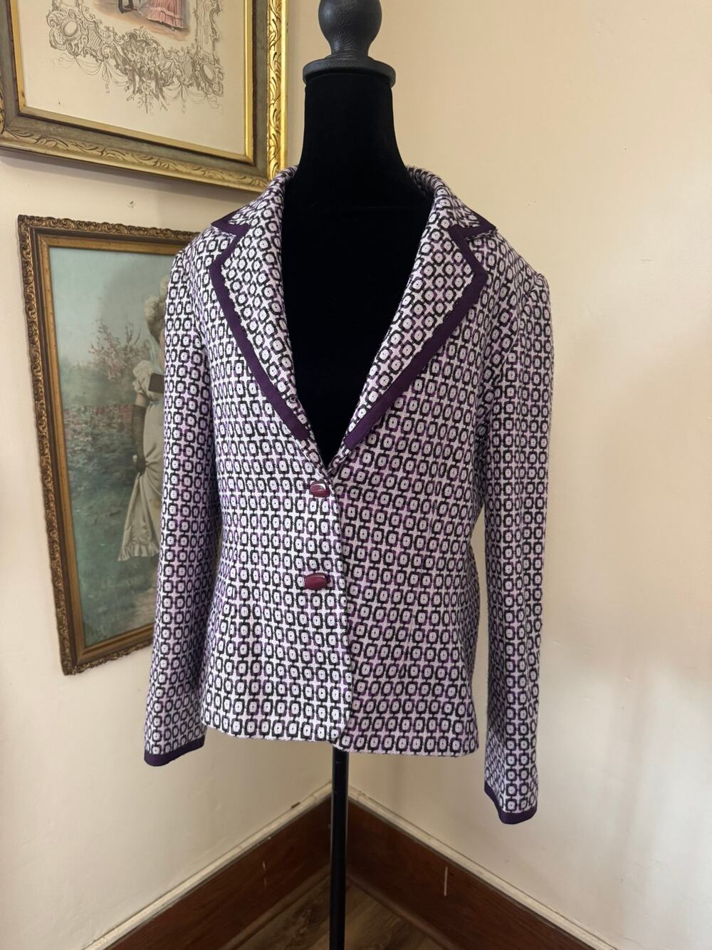 Vintage Sag Harbor Size 10 Purple Geometric Wool Blend Mod Blazer Jacket - Picture 1 of 9